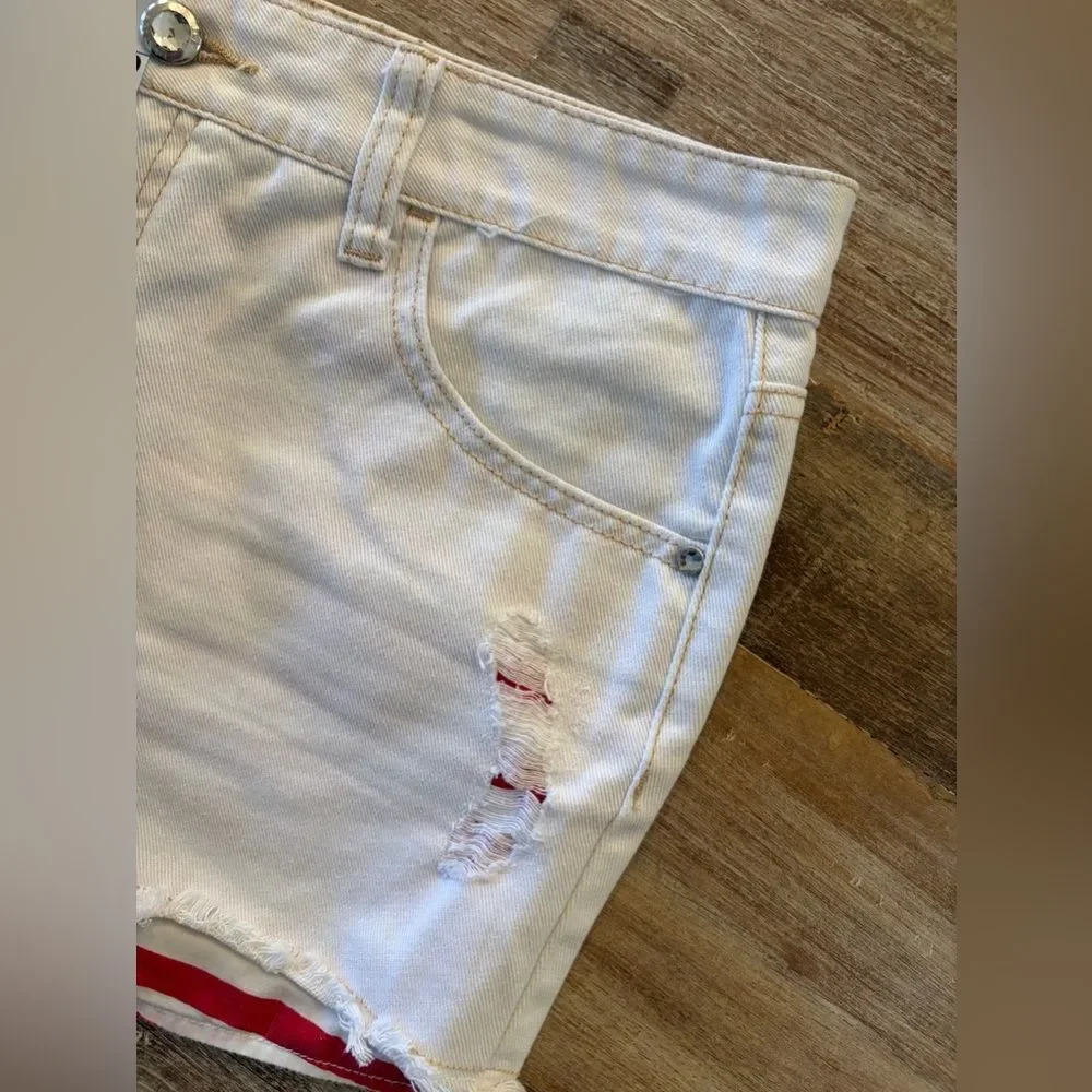 Justice Girls 16 1/2 White Distressed Jean Shorts USA Flag Pockets Stars Stripes